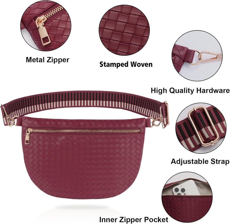 Dealkion Woven Crossbody Bags for Women Leather Belt Bum Sling Purse Fanny Waist Pack Chest Shoulder Bag for Women-Burgundy - Image 3